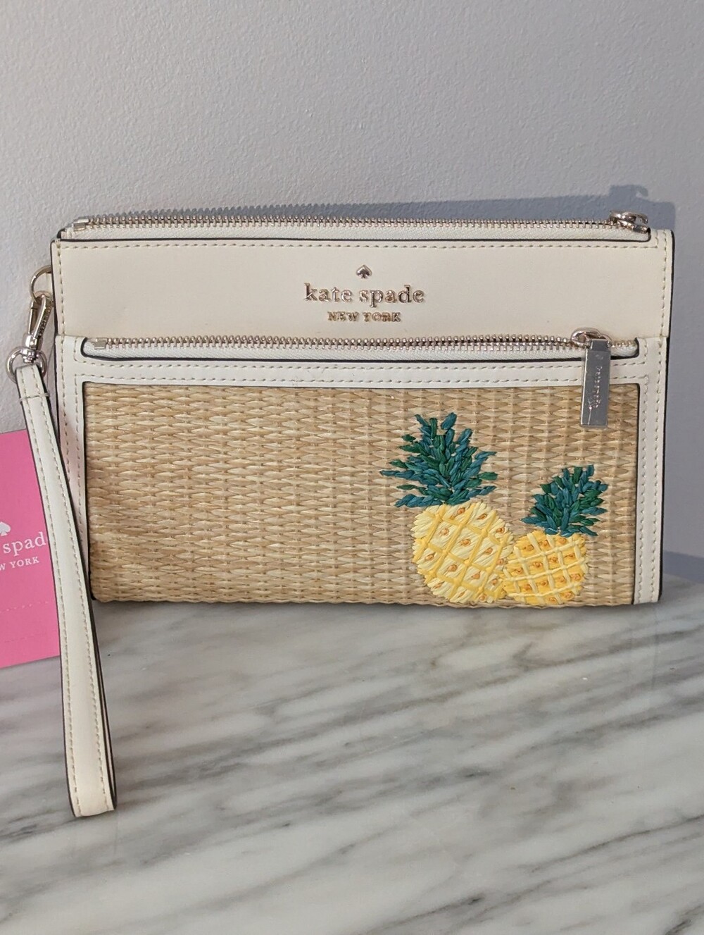 NWT kate spade Colada straw+leather wristlet in parchment/straw